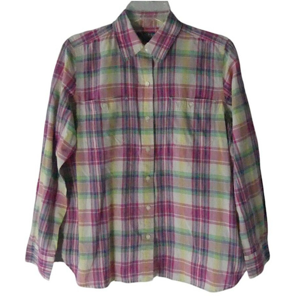 LRL Lauren Denim Pastel Plaid Button-Up Shirt Size Large Lightweight Pockets - Picture 1 of 8